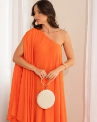 Vestido de Festa um Ombro com Capa Crepe Fluido Laranja