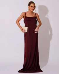 Vestido de Festa Longo Crepe Chiffon Costas Lenço Cauda Marsala