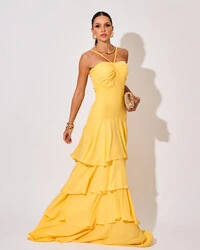 Vestido Longo Crepe com Babado em Camadas Amarelo