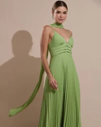 Vestido de Festa Longo Plissado Crepe Chiffon com Alça e Lenço Verde Garden