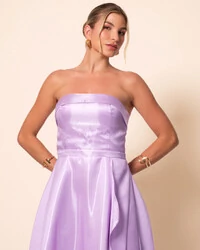 Vestido de Festa Longo Cetim Cristal Tomara que Caia Detalhe Lilás