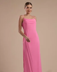 Vestido de Festa Longo Crepe Chiffon Costas Lenço Cauda Rosa