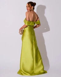 Vestido de Festa Longo Zibeline Ombro a Ombro Drapeado e Fenda Verde Lima