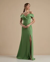 Vestido de Festa Longo Alfaiataria Ombro a Ombro com Fenda Verde Matcha