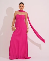 Vestido de Festa Longo Tomara que Caia Plissado com Lenço Pink