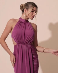 Vestido de Festa Longo Malha Jersey Gola Alta Saia Sereia Fúcsia