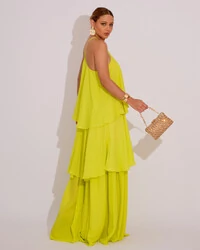 Vestido Longo Babado em Camadas Verde Lima New