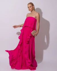 Vestido de Festa Longo Crepe Chiffon Tomara que Caia Plissado com Babado Cascata Pink
