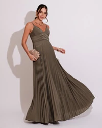 Vestido de Festa Longo Plissado Crepe Chiffon com Alça Verde Oliva