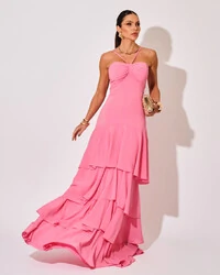 Vestido Longo Crepe com Babado em Camadas Rosa