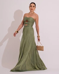 Vestido de Festa Longo Tule Brilho Tomara que Caia Recortes Verde Oliva