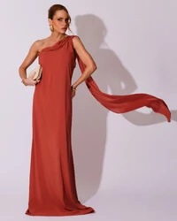 Vestido de Festa Longo Crepe Chiffon Um Ombro Só Drapeado Terracota