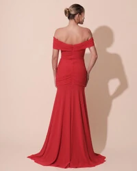 Vestido de Festa Longo Tule Ombro a Ombro Drapeado com Saia Fluida Vermelho