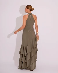 Vestido de Festa Longo Decote Halter com Babados Verde Oliva