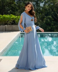 Vestido de Festa Longo com Mangas Longas Cintura Drapeada Serenity