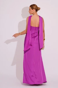 Vestido Longo de Festa Tomara que Caia Cetim com Lenço Fúcsia