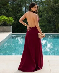 Vestido de Festa Longo com Decote Degagê Marsala