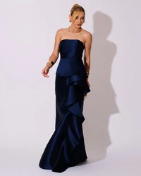 Vestido de Festa Longo Tomara que Caia Babado Cascata Azul Marinho