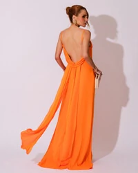 Vestido de Festa Longo Crepe Chiffon Costas Lenço Cauda Laranja