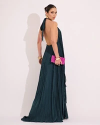 Vestidos de Festa Longo Chiffon Fluido Frente Única Plissado Duplo Verde Escuro
