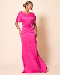 Vestido de Festa Longo Cetim Fluido Manga Curta Drapeado Pink New