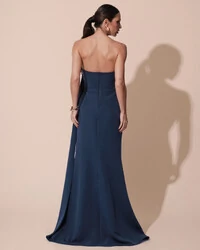 Vestido de Festa Longo Alfaiataria Tomara que Caia Drapeado Faixa Azul Petróleo