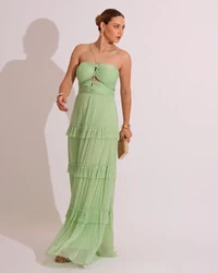Vestido de Festa Longo Tule com Saia Babado Verde Lima