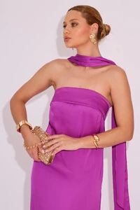 Vestido Longo de Festa Tomara que Caia Cetim com Lenço Fúcsia