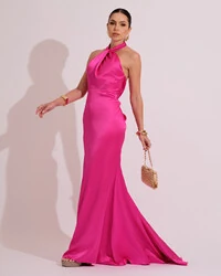 Vestido de Festa Longo em Cetim Alfaiataria com Elastano Frente Única Pink