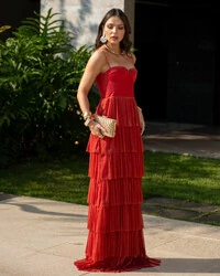 Vestido de Festa Longo Tule Glitter com Camadas Terracota
