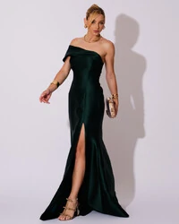 Vestido de Festa Zibeline com Faixa Ombro a Ombro Verde Escuro