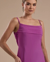 Vestido de Festa Longo Crepe Chiffon Costas Lenço Cauda Fúcsia