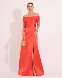 Vestido de Festa Longo Ombro a Ombro Laço Zibeline com Fenda Laranja