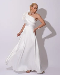 Vestido de Festa Longo Zibeline um Ombro Só Flor Drapeado Branco