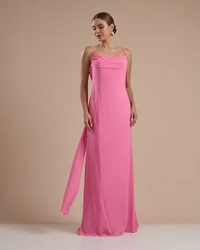 Vestido de Festa Longo Crepe Chiffon Costas Lenço Cauda Rosa