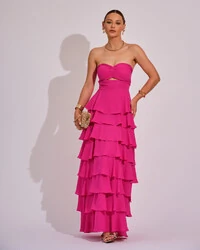 Vestido Longo Crepe Chiffon Tomara que Caia Plissado em Camadas Pink