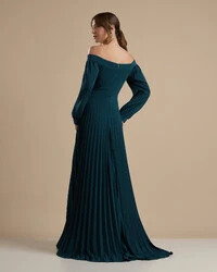 Vestido de Festa Longo Crepe Chiffon Plissado Ombro a Ombro Verde Escuro