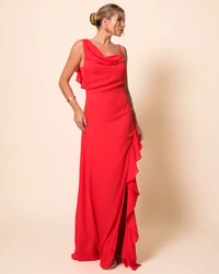 Vestido de Festa Longo Crepe Chiffon Degagê com Fenda e Babado Cascata Vermelho New