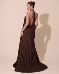 Vestidos de Festa Longo Chiffon Fluido Frente Única Plissado Duplo Marrom