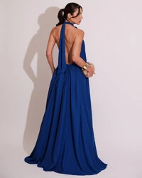 Vestido Longo Crepe Chiffon Frente Única Fluido Flor Removível Azul Royal