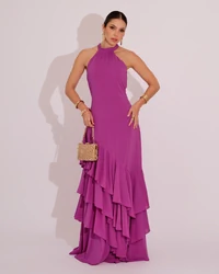 Vestido de Festa Longo Decote Halter com Babados Fúcsia