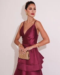 Vestido de Festa Longo Zibeline em Camadas Decote em V com Alças Fúcsia