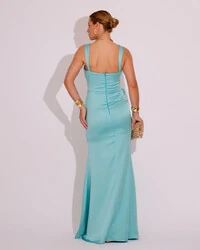 Vestido Longo de Festa Cetim Alfaiataria Drapeado Sereia Tiffany