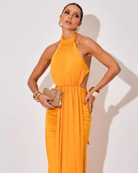 Vestido de Festa Longo Malha Jersey Gola Alta Saia Sereia Laranja Manga