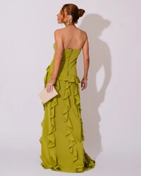Vestido de festa Longo Tomara que Caia Crepe Chiffon com Bababos Cascata e Fenda Verde Pistache