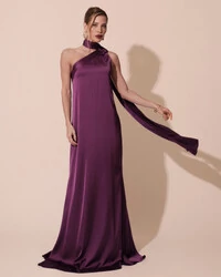 Vestido de Festa Longo Cetim Fluido Um Ombro Só Roxo