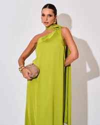 Vestido de Festa Longo Cetim Fluido Um Ombro Só Lenço Fixo Verde Lima