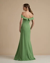Vestido de Festa Longo Alfaiataria Ombro a Ombro com Fenda Verde Matcha