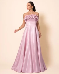 Vestido de Festa Longo Cetim Cristal Tomara que Caia com Flor 3D Rosa