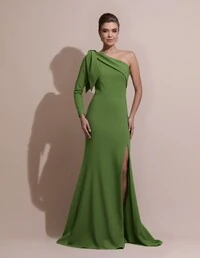 Vestido de Festa com Laço de Um Ombro em Alfaiataria Fenda Verde Matcha